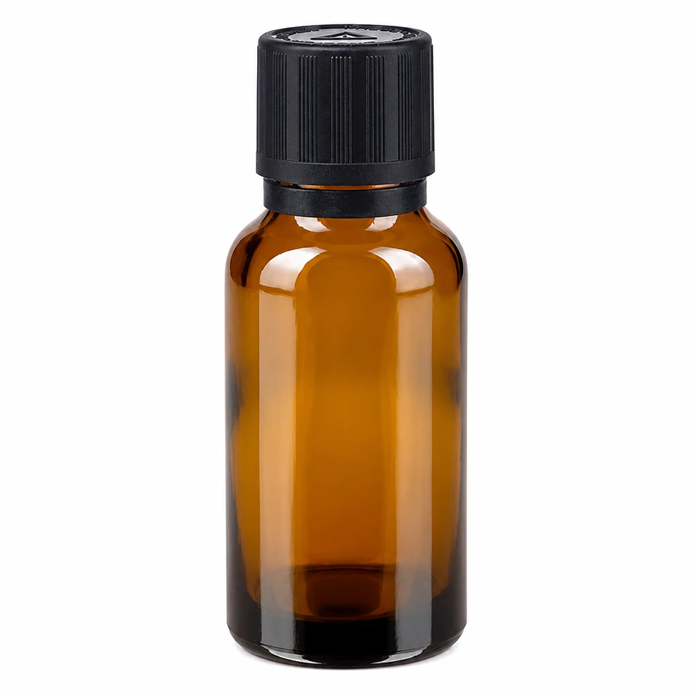 Braune Glasflasche 20ml mit schwarzem Originalitätsverschluss Kindersicherung und Tropfvorrichtung