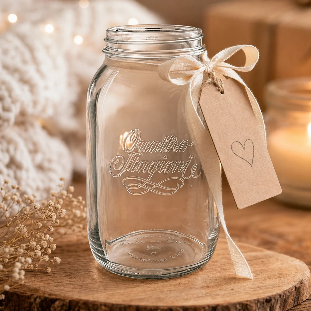Bicchiere da 1500ml per uso domestico "Quattro Stagioni Bicchiere da 1500ml Quattro Stagioni con fiocco e ciondolo su tavola di legno in cucina rustica