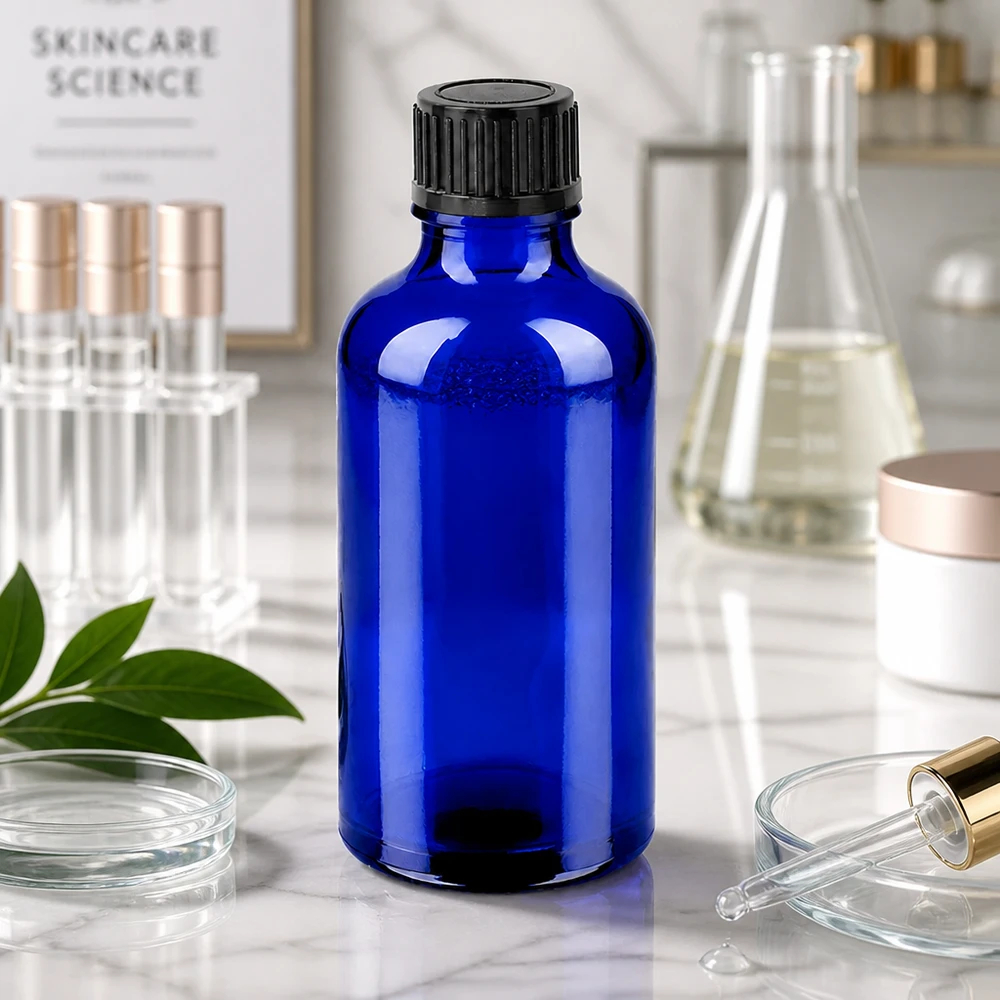 50ml Flasche 11mm Schraubverschluss schwarz Standard BlueLine UT18/50 50ml BlueLine Flasche aus robustem Glas für sichere Aufbewahrung von Naturprodukten