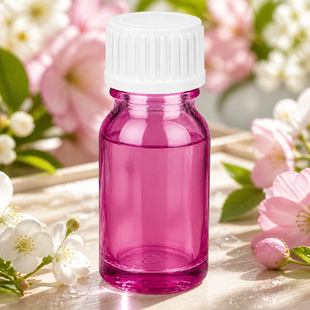 Flacone decorativo in vetro da 10 ml, di colore viola lucido, perfetto per regali e presentazioni.