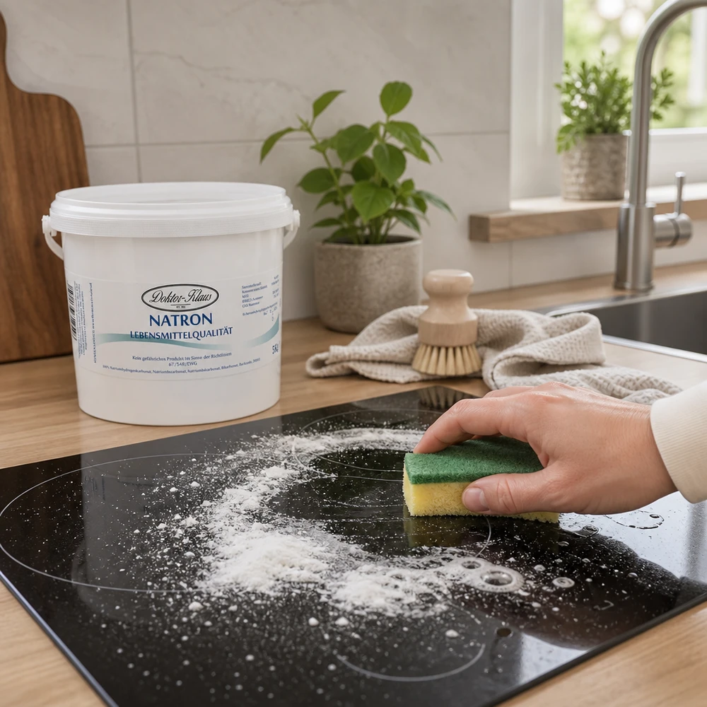 Secchio Natron Doctor Klaus da 5 kg per la pulizia del piano cottura in ceramica con spugna nella cucina moderna
