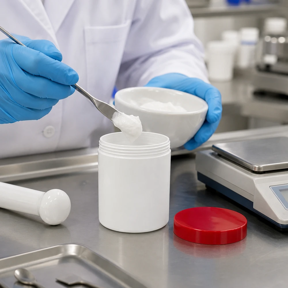 Conditionnement stérile d'une crème médicale dans un pot à pommade blanc de 50 g muni d'un couvercle à vis rouge en PP