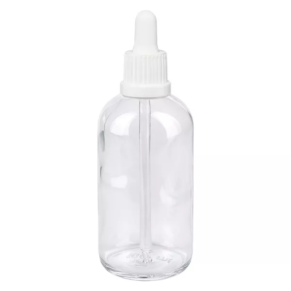 Flacon-pipette ClearLine de 100 ml en verre transparent avec embout compte-gouttes blanc