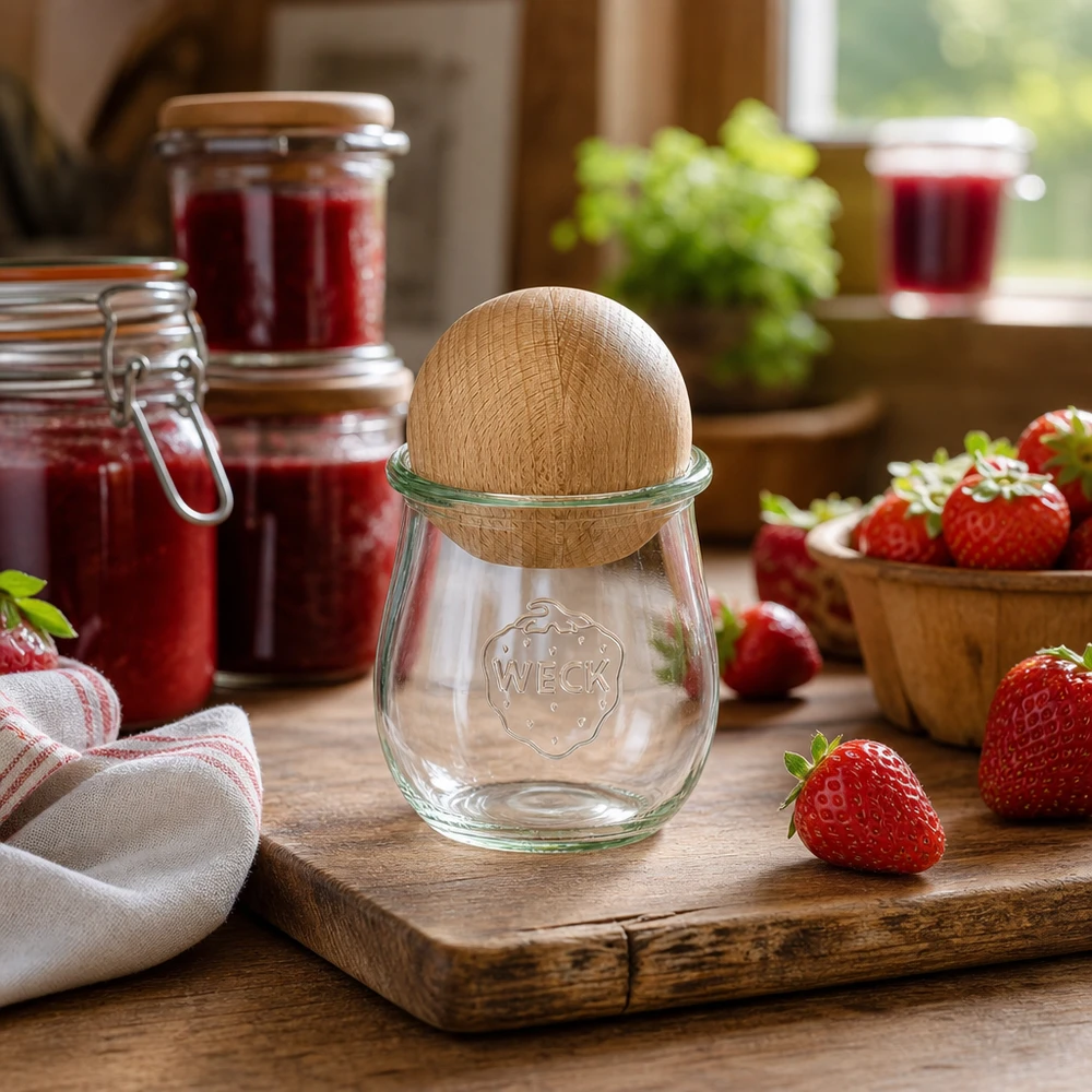 Vaso per tulipani da 220 ml WECK RR60 con sfera in legno di faggio WECK vaso a tulipano RR60 220ml in cucina rustica con fragole e barattoli di marmellata, dettaglio coperchio a sfera in faggio