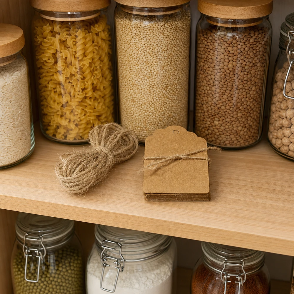 Ciondolo 30x50 mm con cordino (confezione da 10 pezzi) Cucina organizzata con barattoli di stoccaggio ed etichette in carta kraft marrone 30x50 mm per etichettare i barattoli di stoccaggio