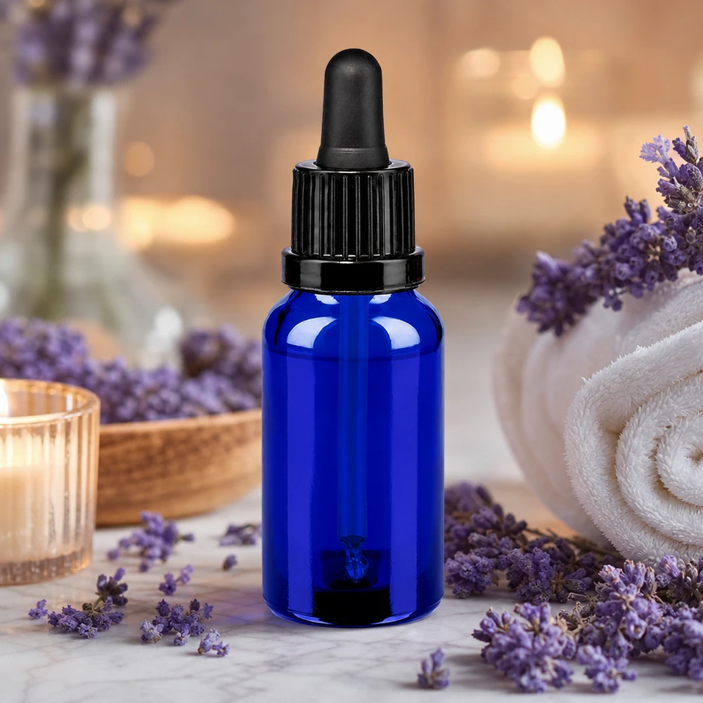 Flacone per pipette da 20 ml nero OV BlueLine UT18/20 Flacone in vetro blu da 20 ml con contagocce - Protezione UV per principi attivi e oli essenziali sensibili alla luce
