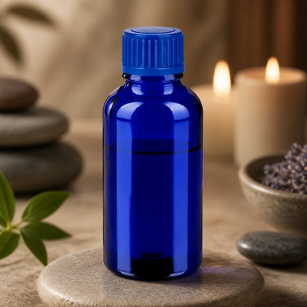Flacone professionale in vetro blu da 30 ml serie BlueLine per applicazioni farmaceutiche