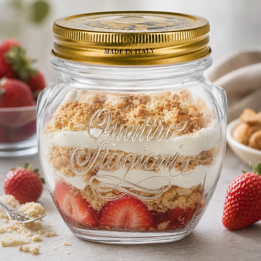 Barattolo rotondo "Quattro Stagioni" da 300 ml con coperchio Quattro Stagioni Bicchiere rotondo da 300 ml con coperchio dorato riempito con un dessert a strati di fragole e zuccherini Made in Italy