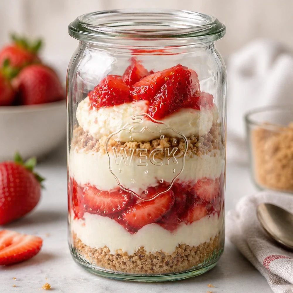 Barattolo cilindrico da 145 ml WECK RR40 Vaso cilindrico WECK RR40 da 145 ml come vaso da dessert con fragole, panna e zuccherini disposti sul bancone della cucina