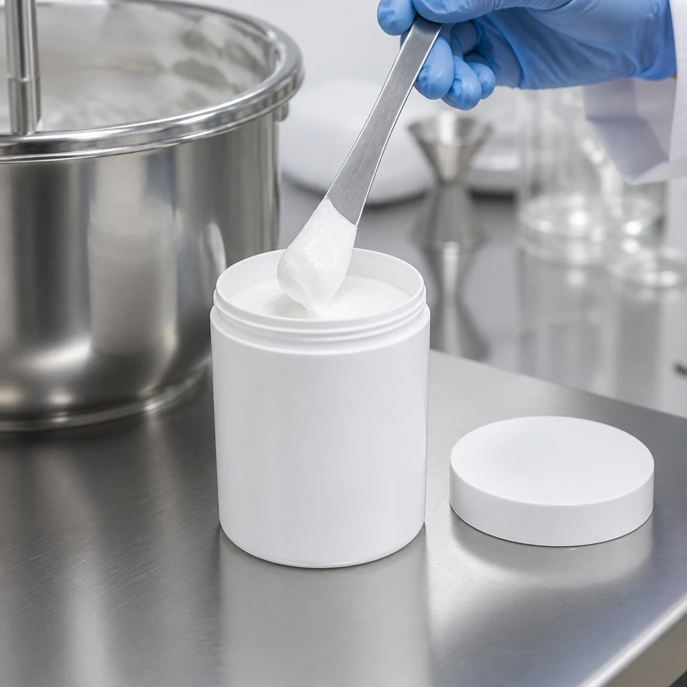 Emballage pharmaceutique : pot à pommade blanc de 150 g avec spatule, rempli en salle blanche
