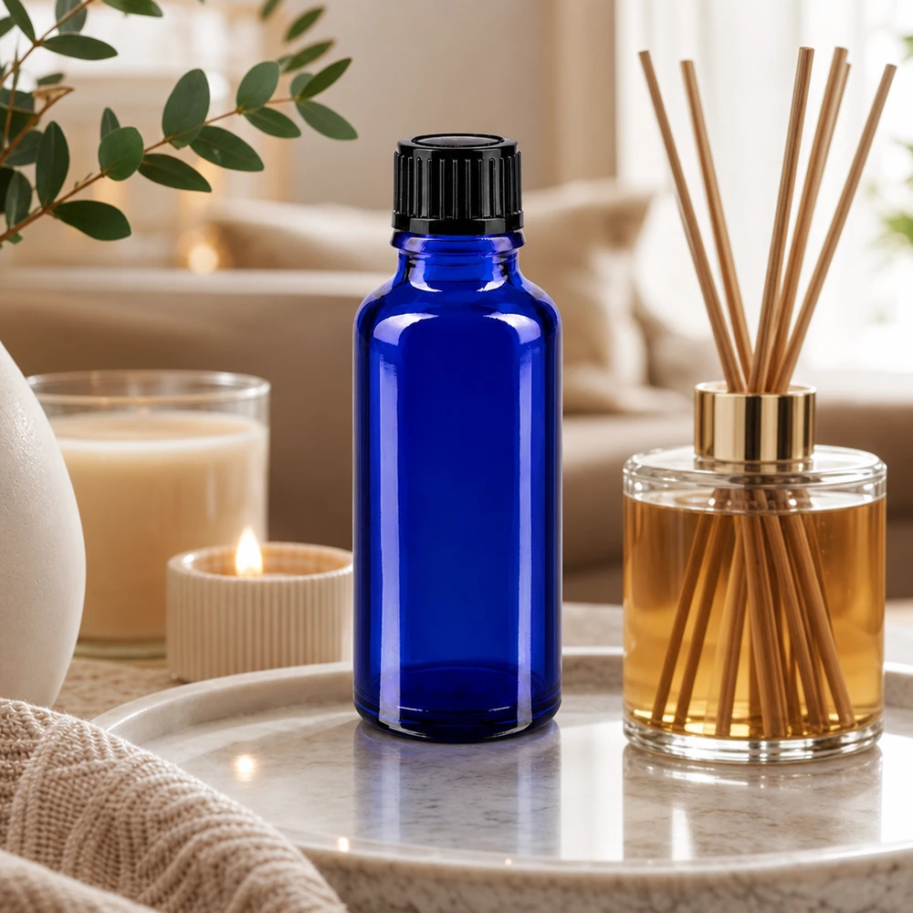 Flacon de pharmacie bleu 30ml bouchon vissable noir std Flacon de pharmacie bleu de 30 ml avec bouchon noir, posé à côté d'un diffuseur à bâtonnets sur un plateau en marbre