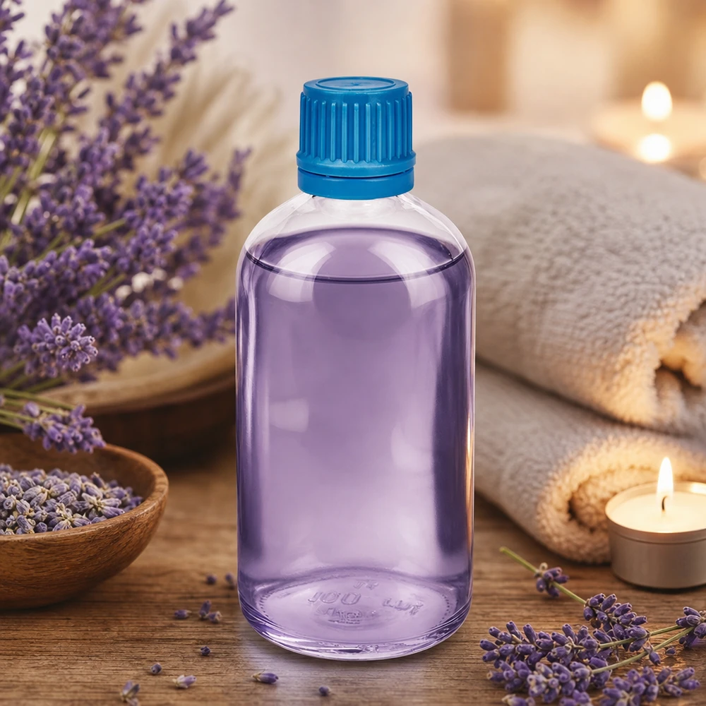 Bottiglia da 100ml 11mm SV blu OV ClearLine UT18/100 Flacone ClearLine da 100 ml color lavanda con tappo di sicurezza blu originale (OV) per aromaterapia