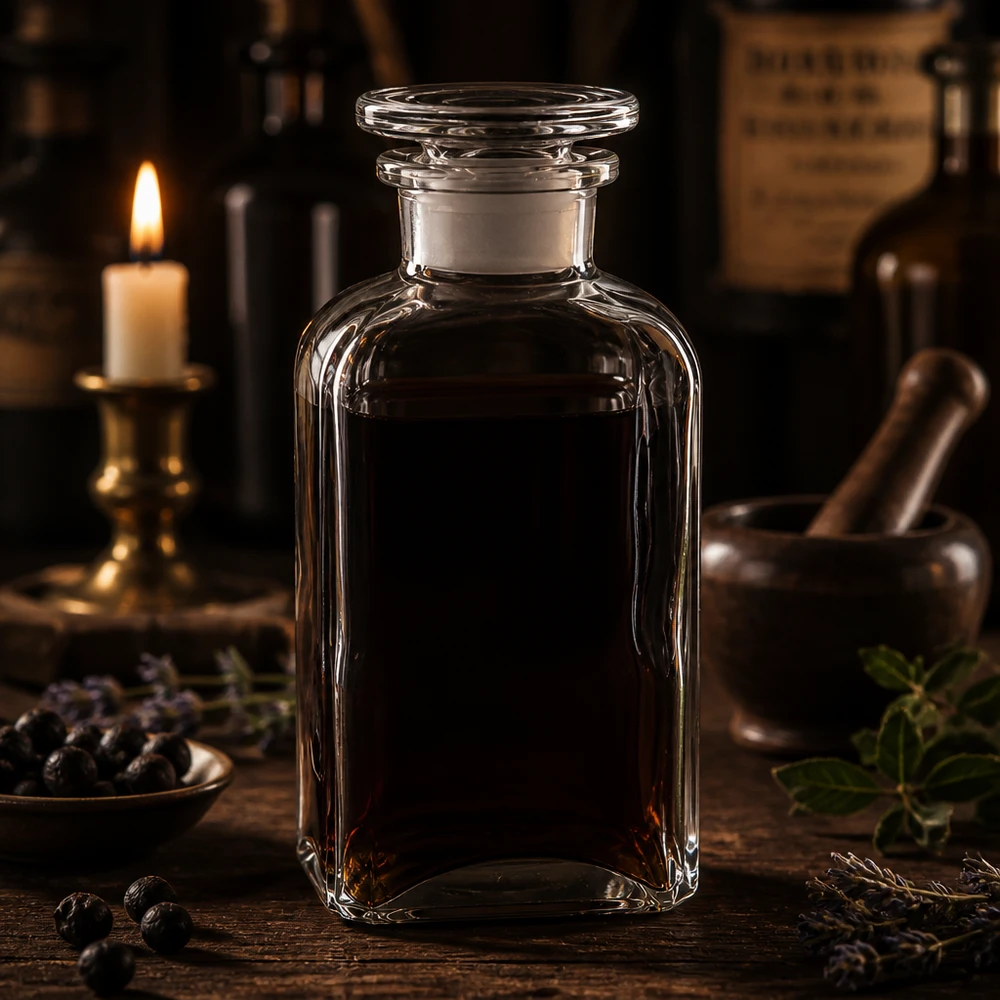 Bottiglia quadrata da 250 ml con collo largo e tappo in vetro Fiaschetta da farmacia da 250 ml, quadrata, in vetro trasparente con tappo di vetro, circondata da erbe aromatiche e da una candela