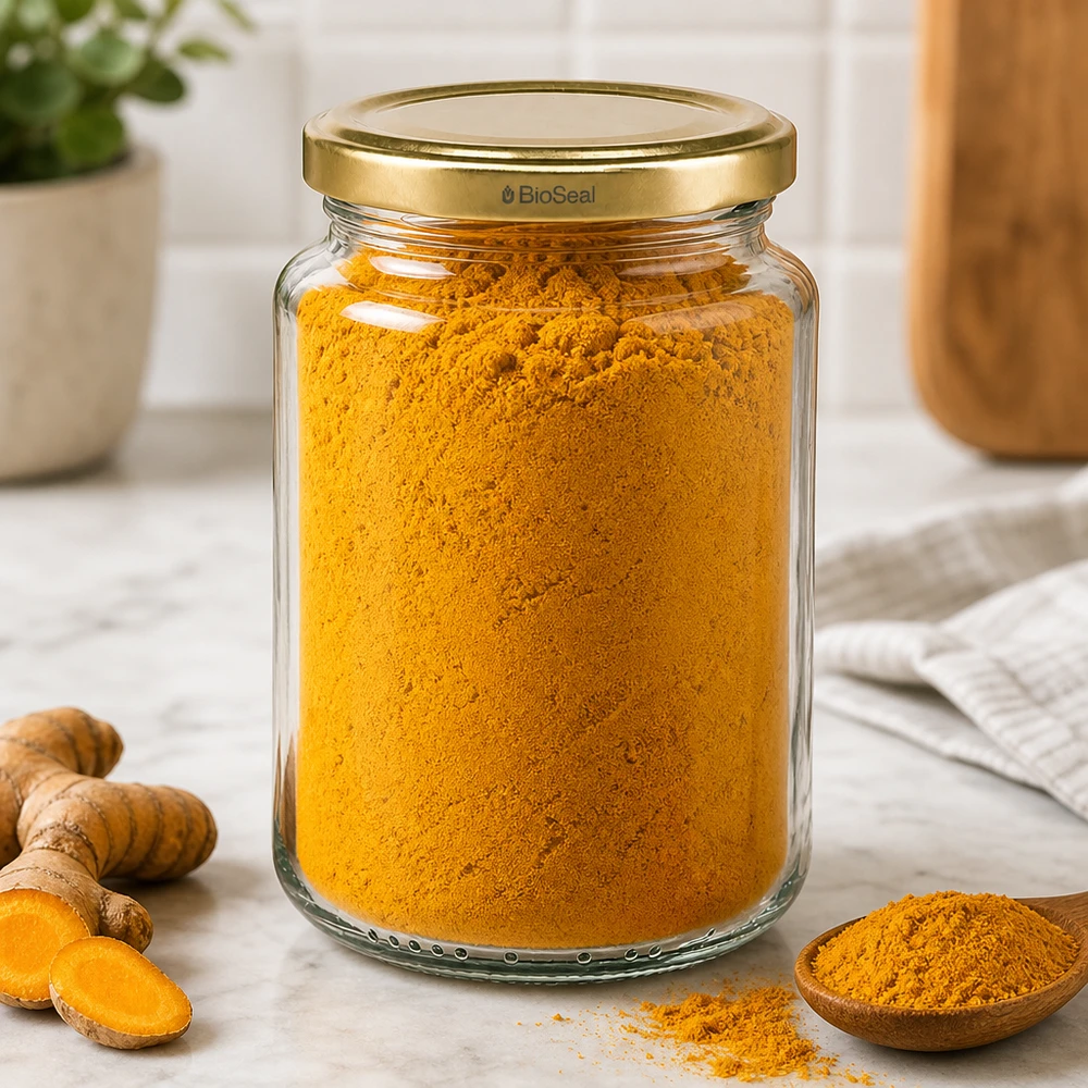 UNiTWIST Runda382 barattolo per spezie pieno di curcuma, coperchio dorato TO66 BioSeal, tavolo da cucina con spezie fresche