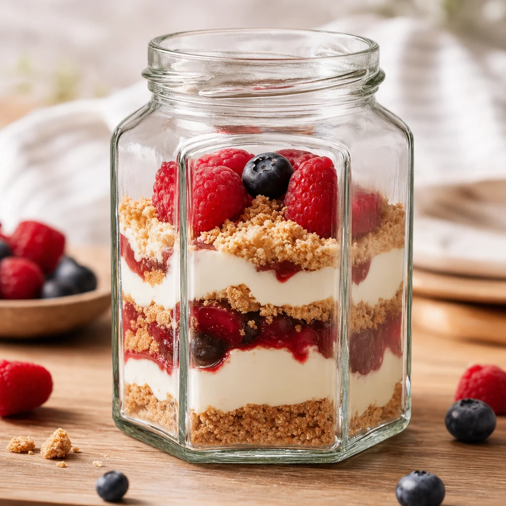 288ml Hexaglas ohne Deckel (TO63) UNiTWIST Sechseckiges Einmachglas 288ml mit Dessert-Schichtung aus Beeren und Creme - perfekt für Mason Jar Rezepte und Aufbewahr