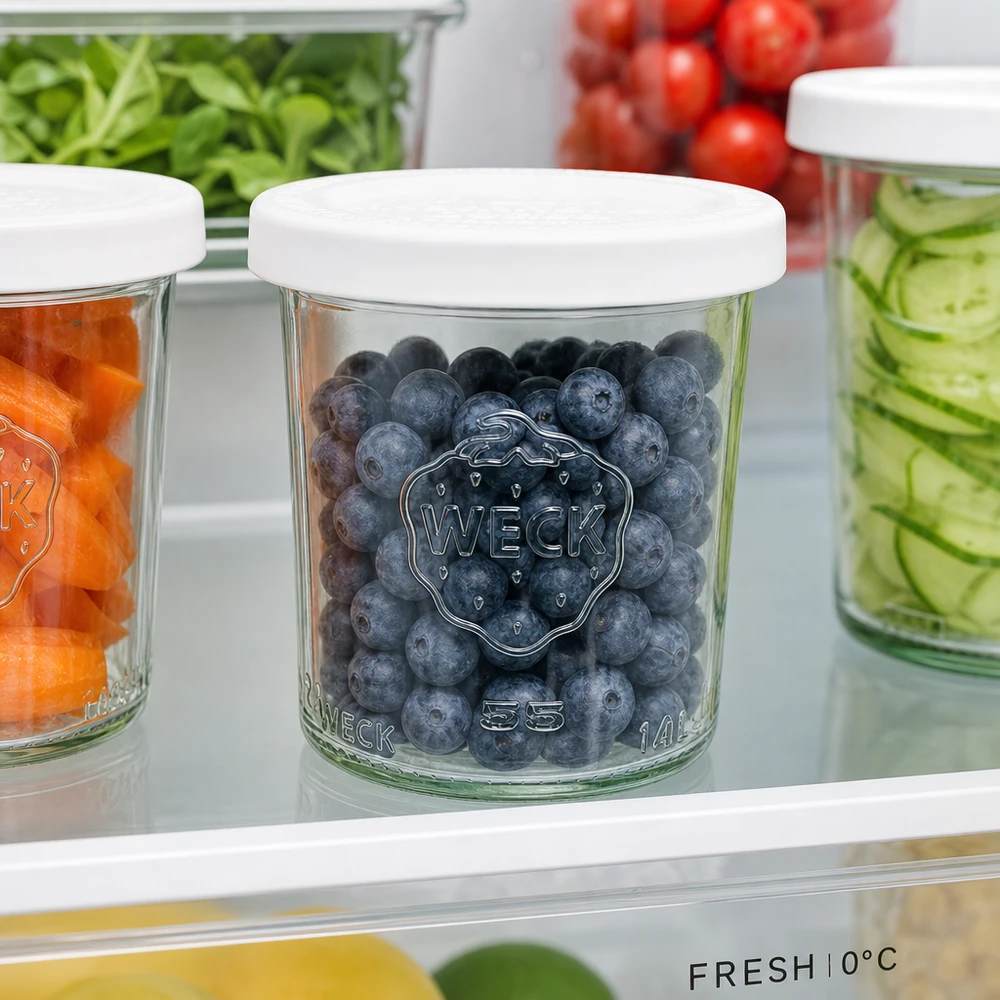 Bocal en verre de 140 ml avec couvercle hermétique WECK RR60 WECK Sturzglas 140ml RR60 mit Blaubeeren im Kühlschrank - optimale Frischhaltung von Obst und Lebensmitteln