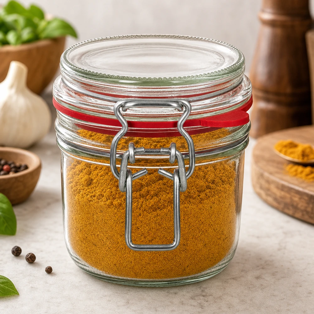 Barattolo da 255 ml, tipo G, con tappo a clip UN.. 255ml Bügelverschluss-Glas gefüllt mit Kurkuma-Gewürzpulver in moderner Küche mit Kräutern und Gewürzen