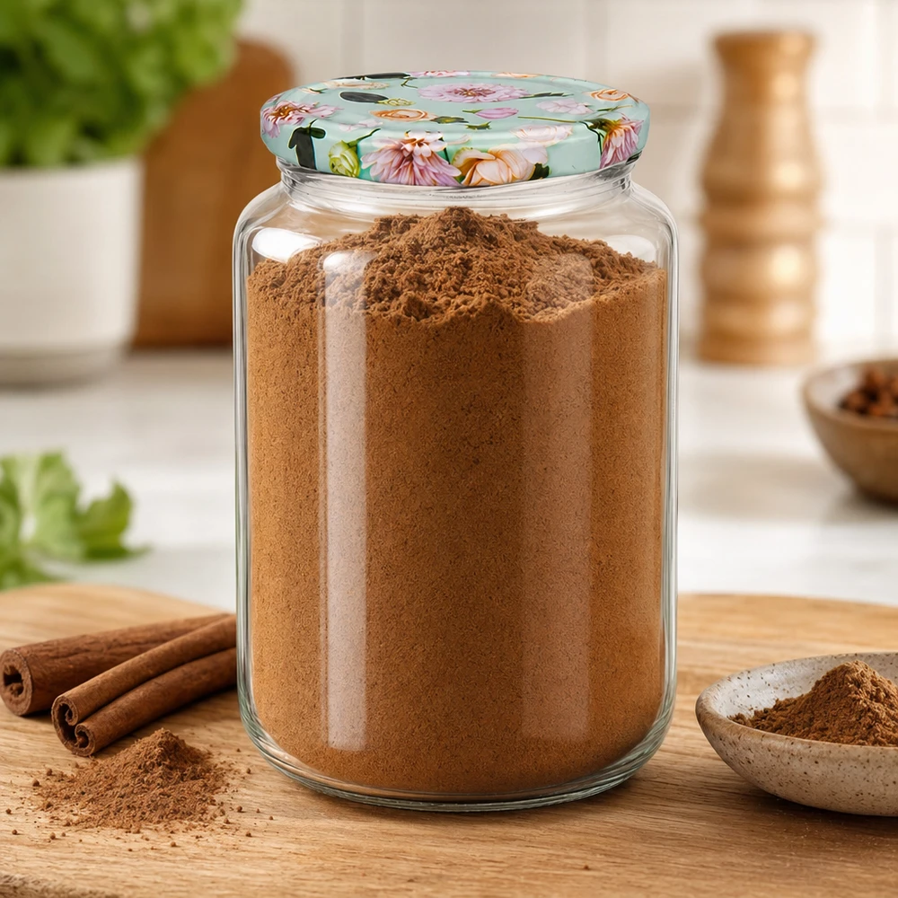 Barattolo rotondo da 795 ml con coperchio a forma di fiore di menta, riempito di cannella in polvere, bastoncini di cannella e ciotola su una tavola di legno accanto ad esso.