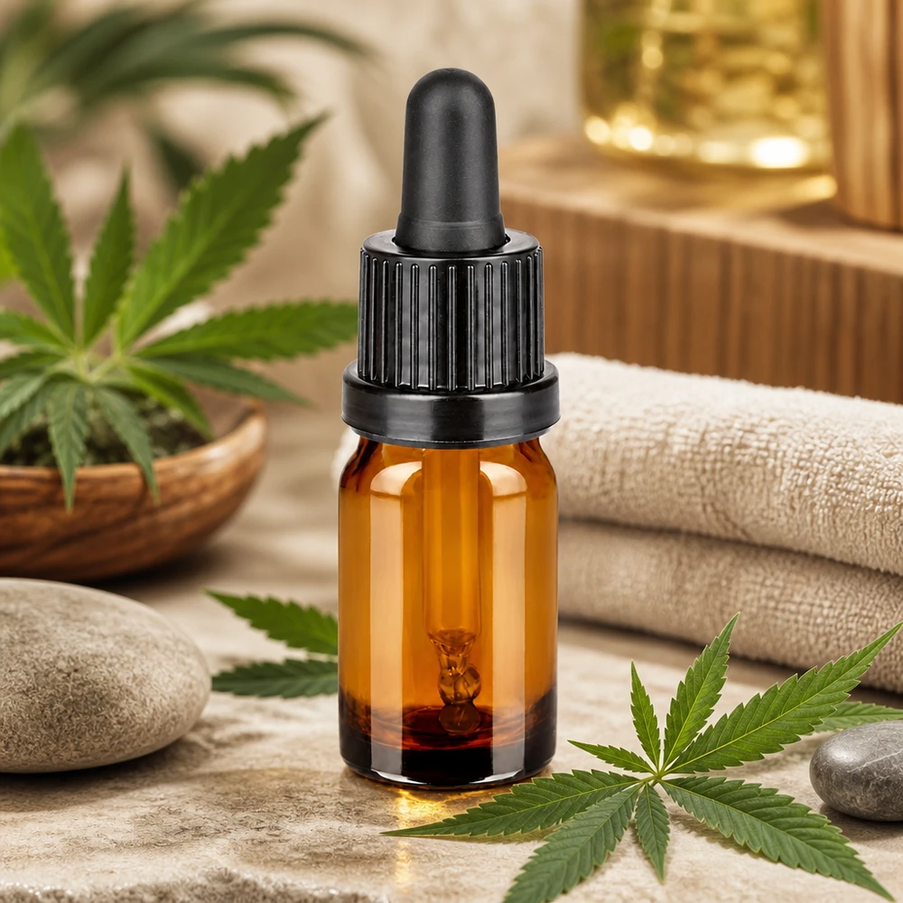 Piccolo flacone a pipetta da 5 ml con tappo nero per l'uso mobile di oli di CBD e canapa