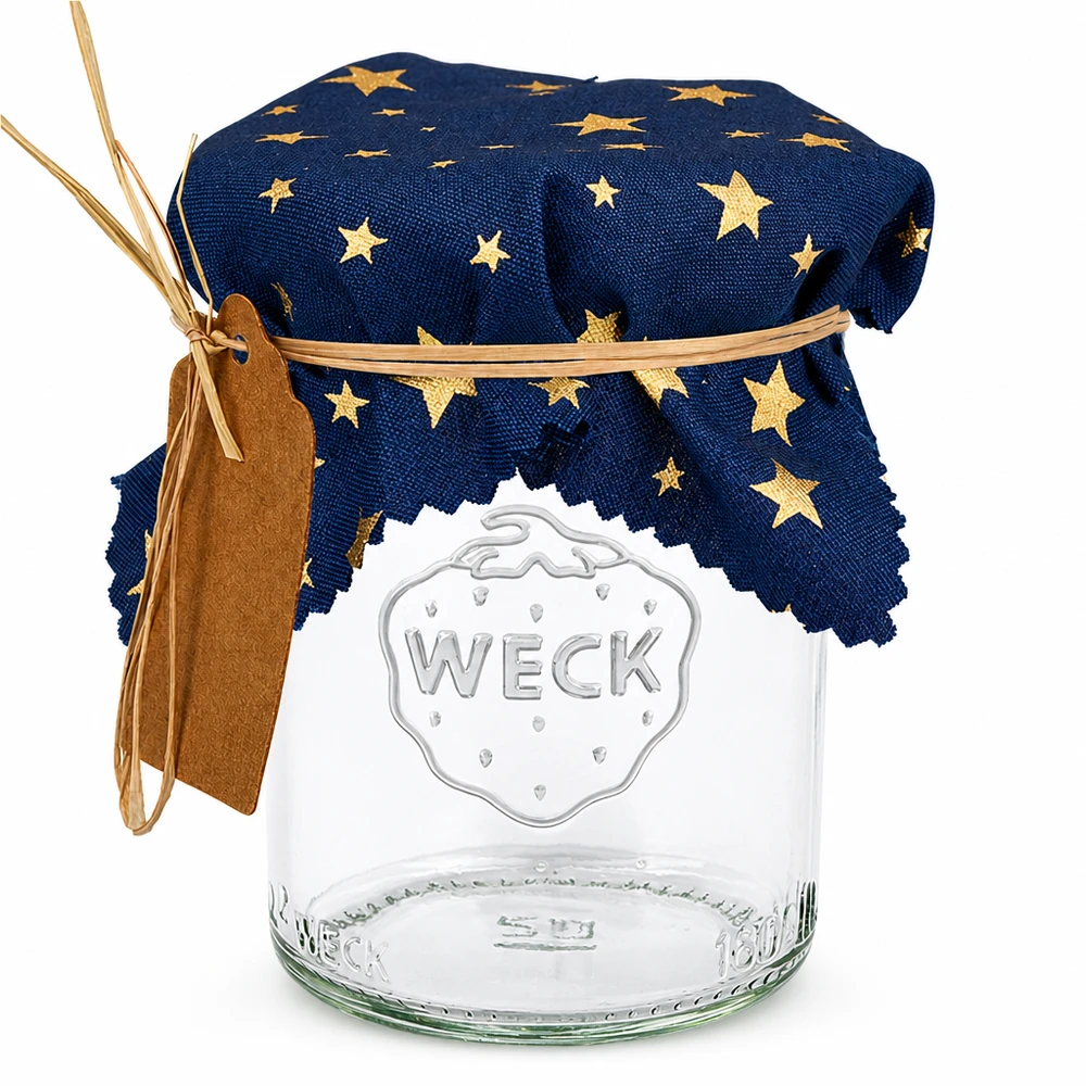 Centrino in tessuto blu con stelle dorate su barattolo WECK, quadrato 12 cm, centrino per barattoli di marmellata
