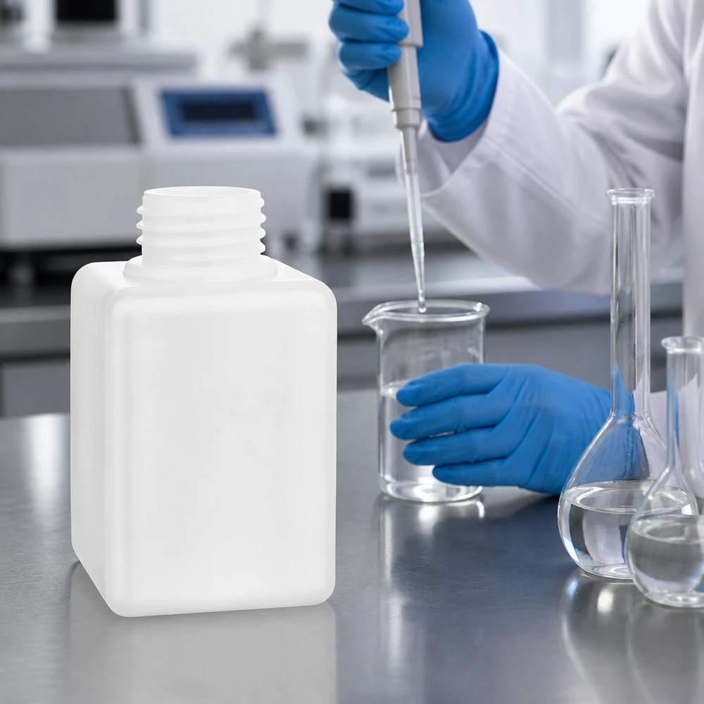 Flacon à produits chimiques 100 ml à col étroit, PEHD couleur naturelle, GL 25 Flacon robuste à col étroit en PE-HD de 100 ml, GL 25, avec un corps blanc opaque