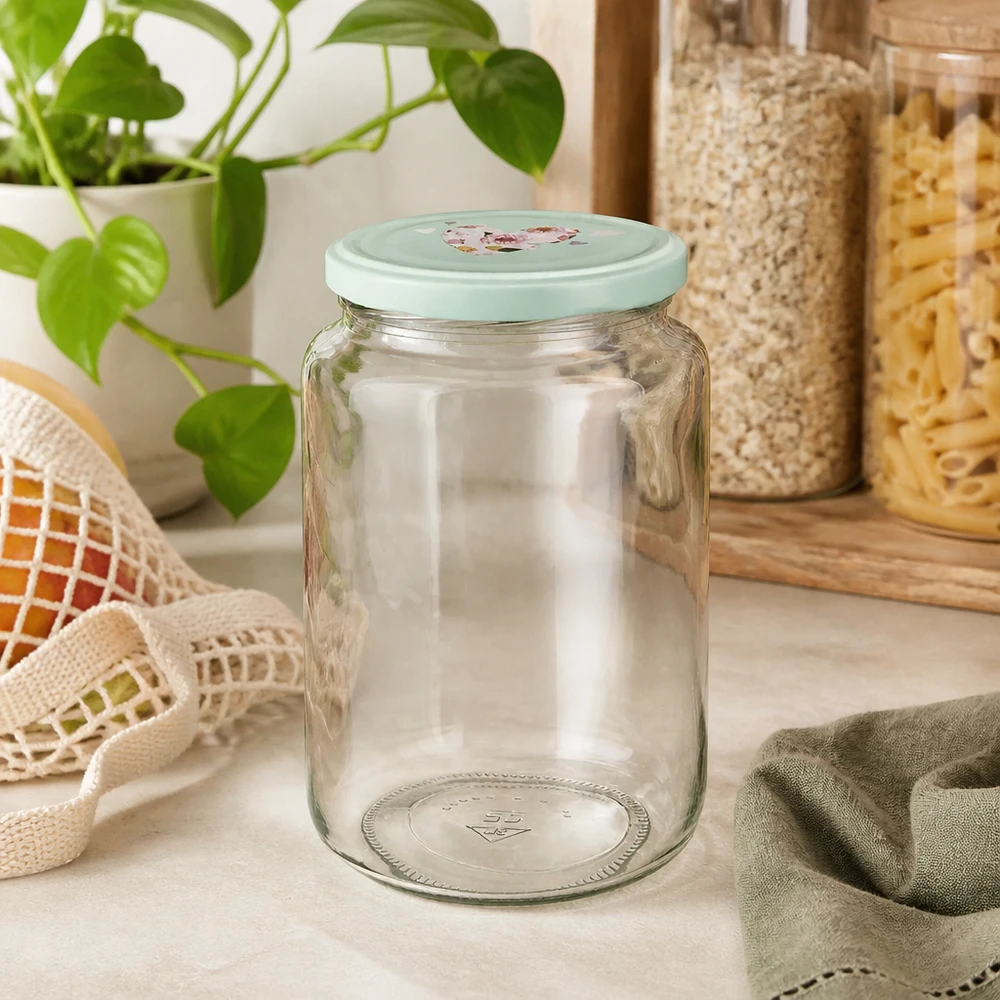 Barattolo rotondo da 795 ml con coperchio a forma di cuore BasicSeal alla menta sul bancone della cucina, accanto a contenitori e a una pianta verde.