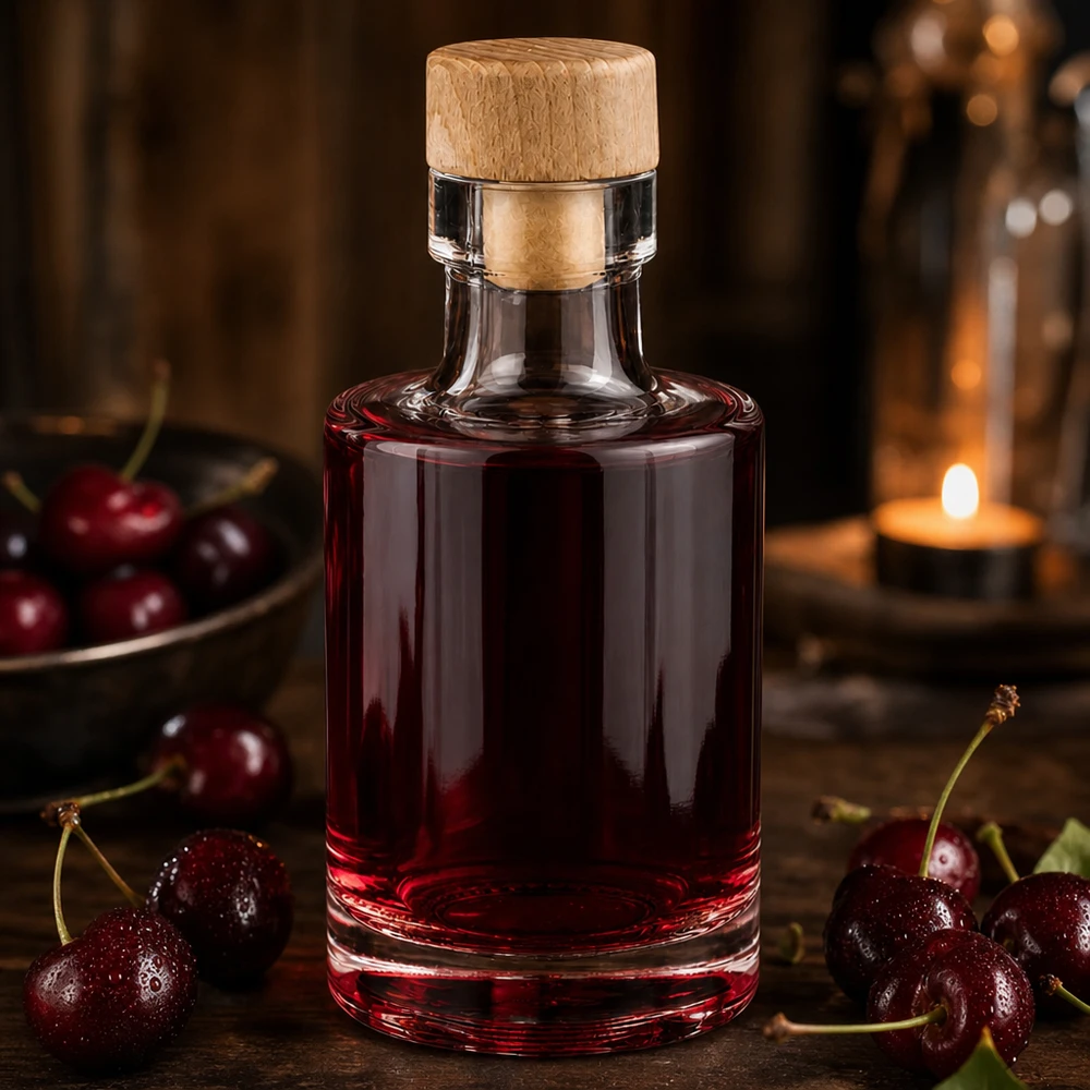 Bottiglia in vetro da 100 ml Marie con tappo in sughero con impugnatura in legno UNiTWIST® 100ml Glasflasche Marie mit Holzkorken gefüllt mit Kirschlikör umgeben von frischen Kirschen bei warmem Kerzenlicht