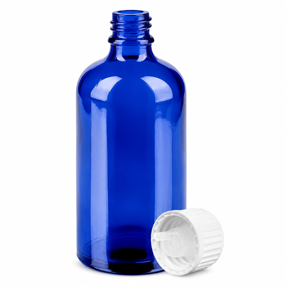 100ml Tropfflasche 0.9mm weiß Standardverschluss BlueLine UT18/100 100ml Blauglas Tropfflasche mit weißem 0,9mm Dosier-Verschluss BlueLine UT18 Standard