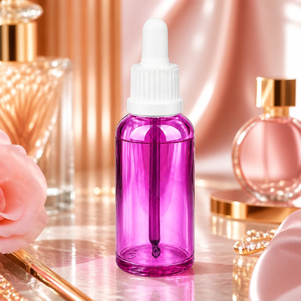 Flacone dosatore viola da 50 ml con contagocce bianco igienico per un'applicazione pulita