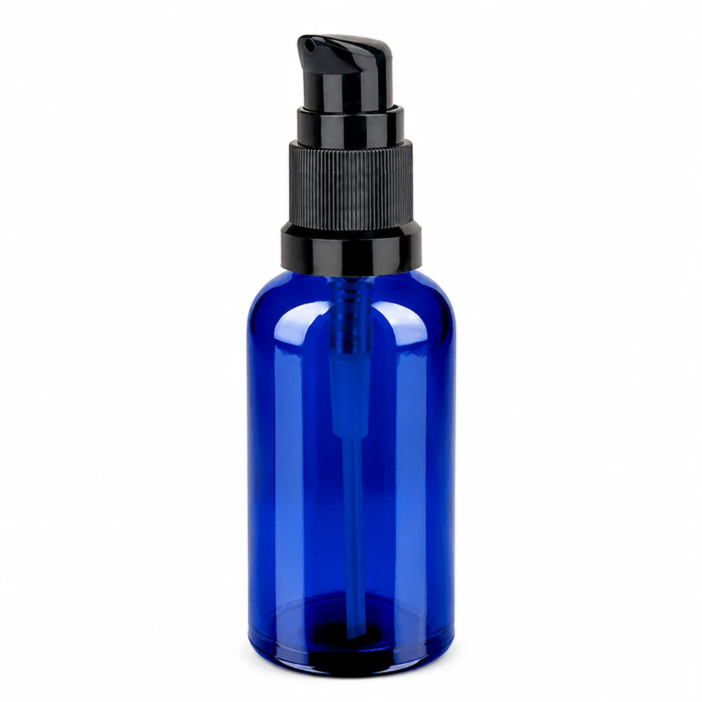Flacone a pompa blu premium da 50 ml con protezione UV ed erogatore nero STD BlueLine UT18/50