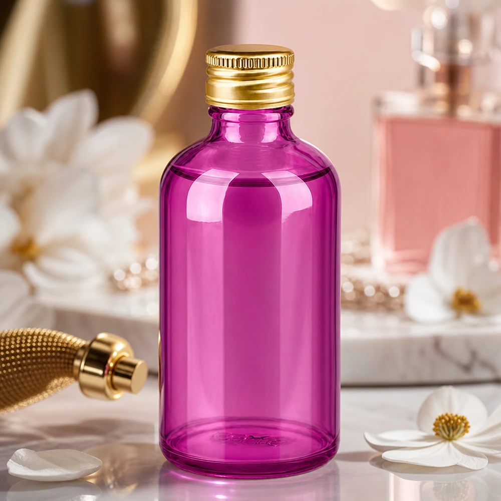 100ml Flasche 11mm Schraubverschluss Alu-Gold Standard PurpleLine. UT18/100 Apotheker-Glasflasche 100ml in trendigem Purple-Design mit professionellem Aluminiumdeckel