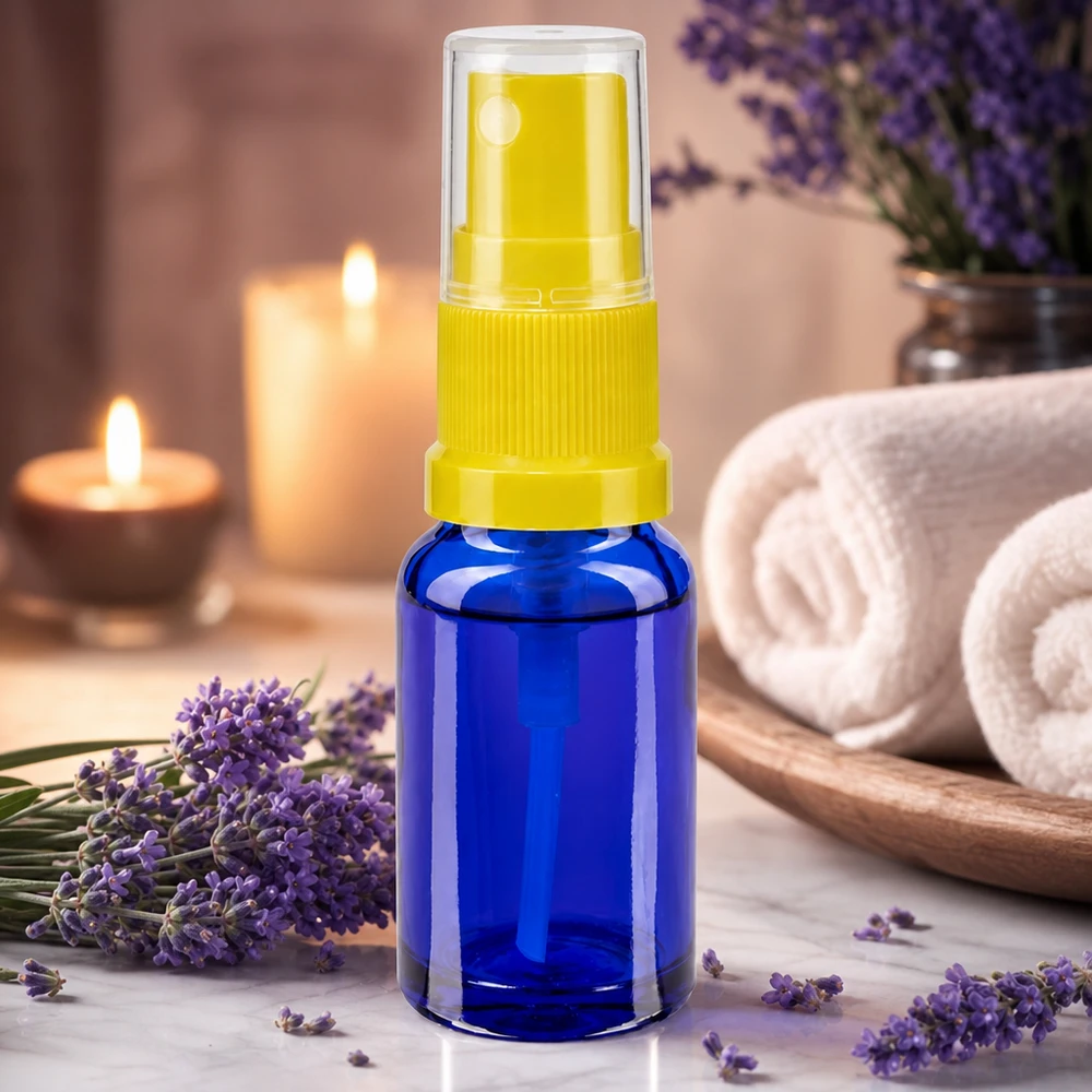 Apothekenflasche blau 30ml Sprayaufsatz gelb Handliche Sprühflasche 30ml Blauglas gelber Zerstäuberkopf ideal für Parfüm und Hydrolate