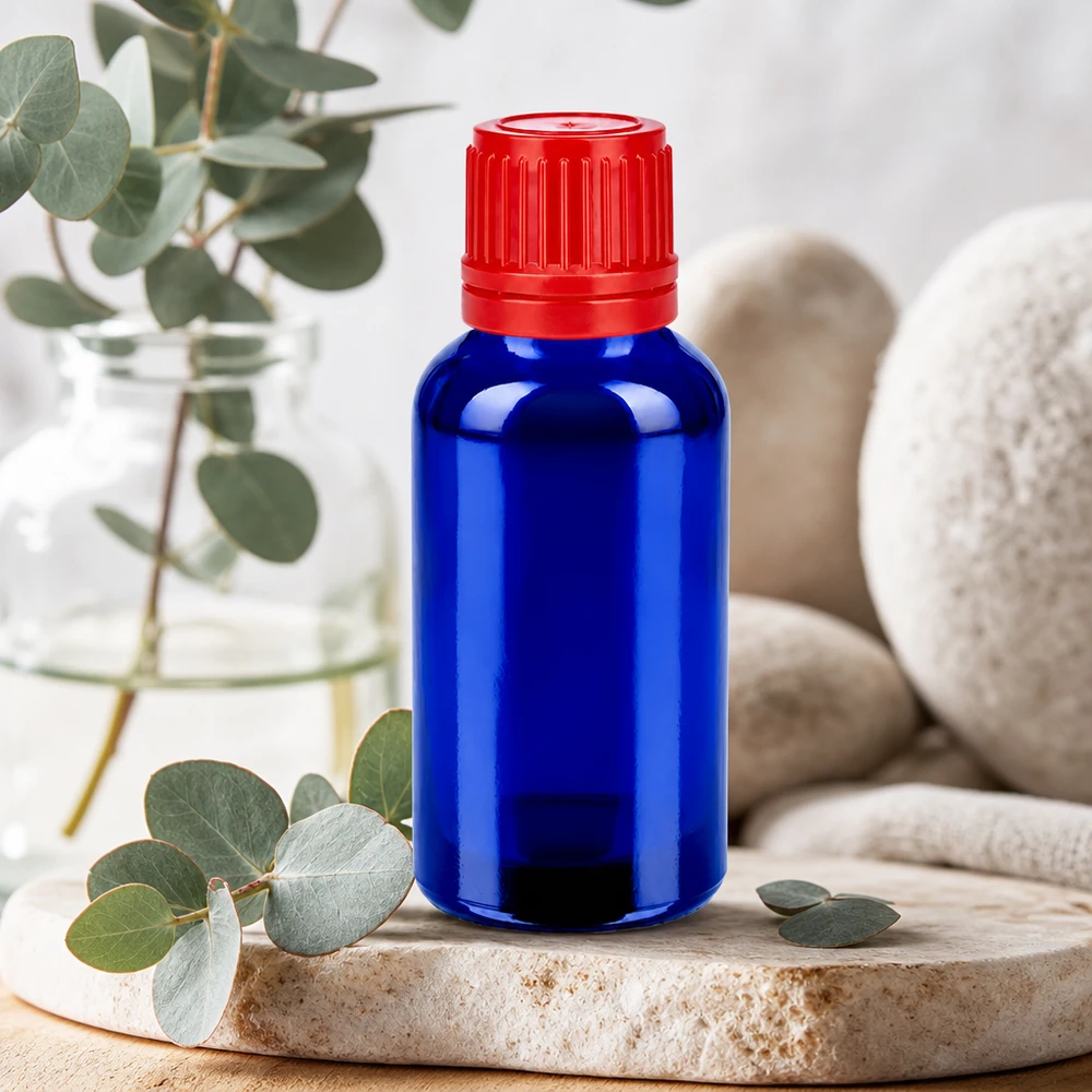 Bottiglia da 30ml 11mm SV rosso OV BlueLine UT18/30 Flacone da farmacia da 30 ml in vetro blu scuro con chiusura antimanomissione per prodotti di qualità