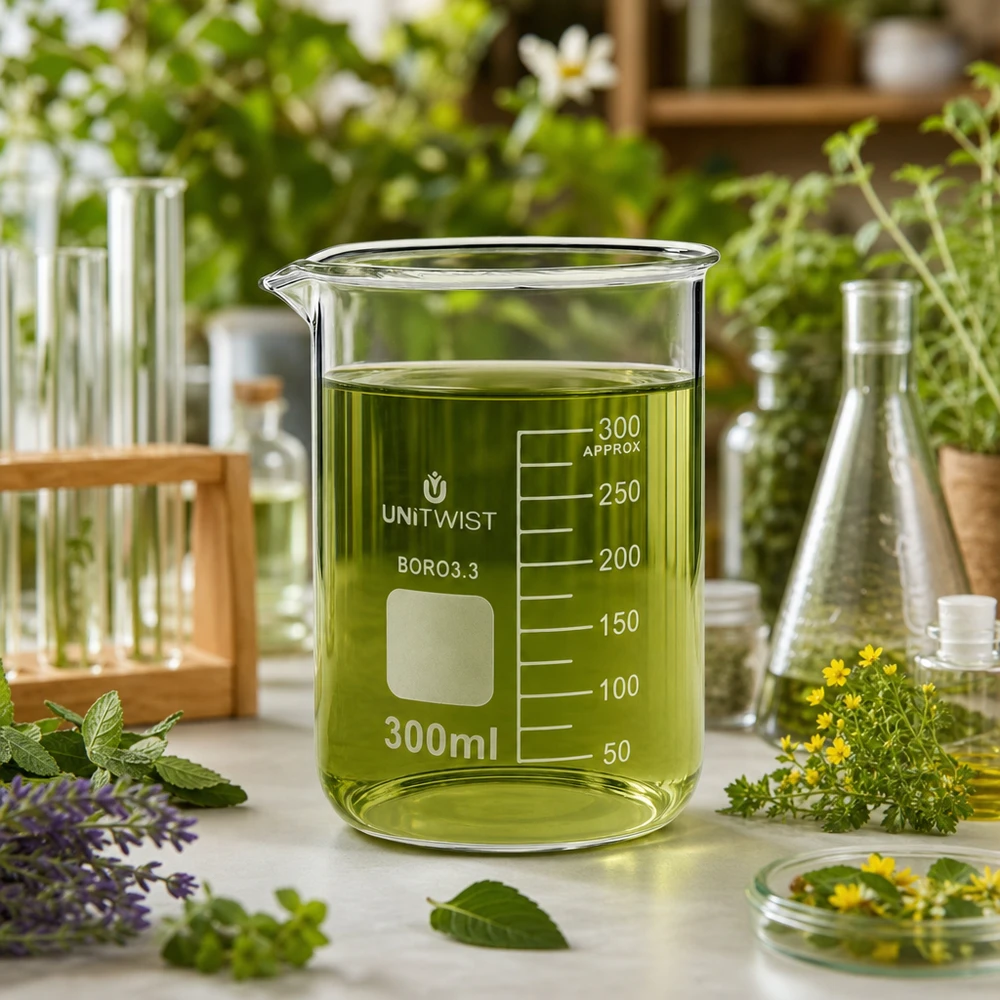 Bicchiere 300ml borosilicato, stampo basso UNiTWIST Bicchiere da laboratorio UNiTWIST da 300 ml con estratto di erbe verde circondato da erbe medicinali fresche in laboratorio