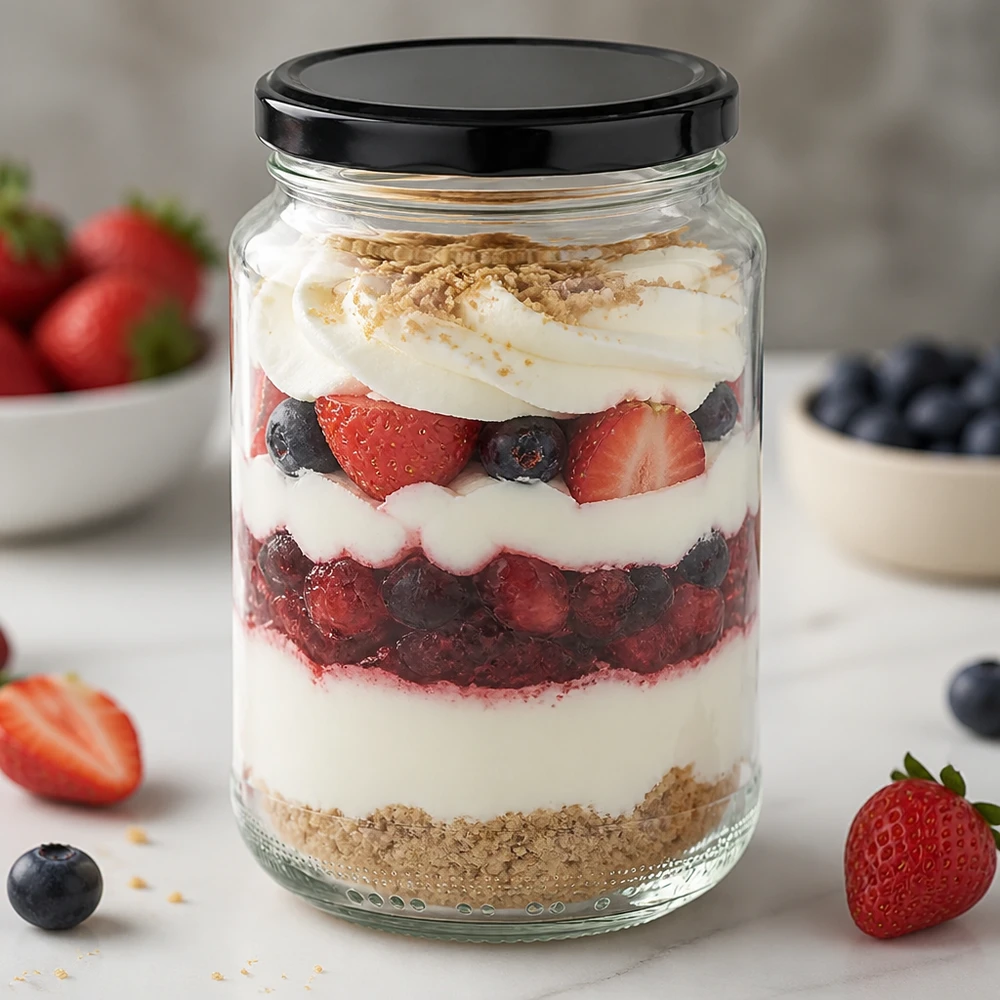 375ml Rundglas mit BasicSeal Deckel schwarz UNiTWIST 375ml Rundglas mit schwarzem Deckel als Dessertglas für Beeren-Trifle zeigt kreative Verwendung als Portionsglas