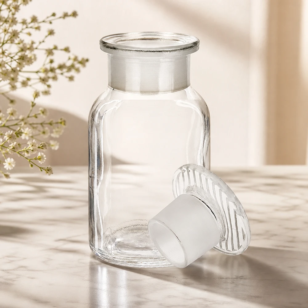Fiaschetta a spalla arrotondata da 100 ml, a collo largo, con tappo in vetro opaco trasparente, per campioni di laboratorio