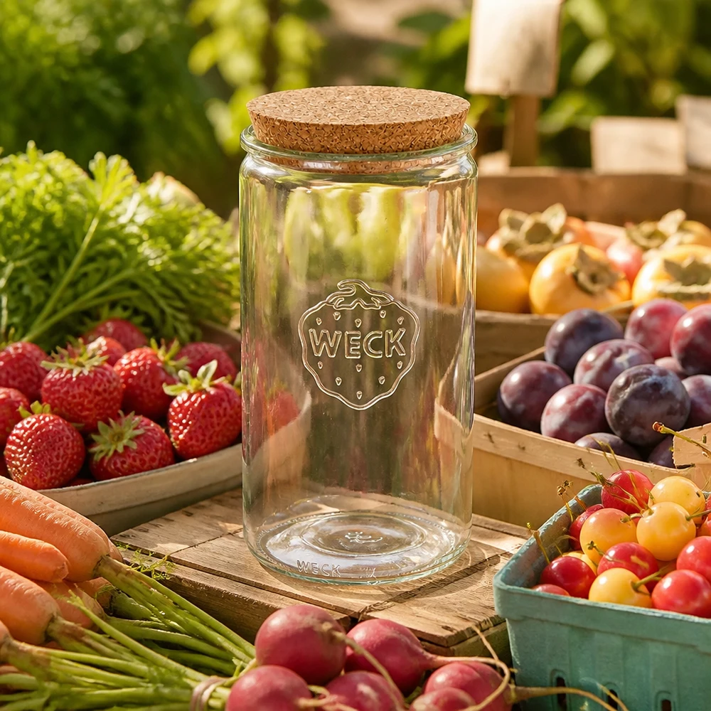 Vaso cilindrico WECK 1590ml RR100 vuoto con coperchio in sughero circondato da frutta e verdura fresca su base in legno
