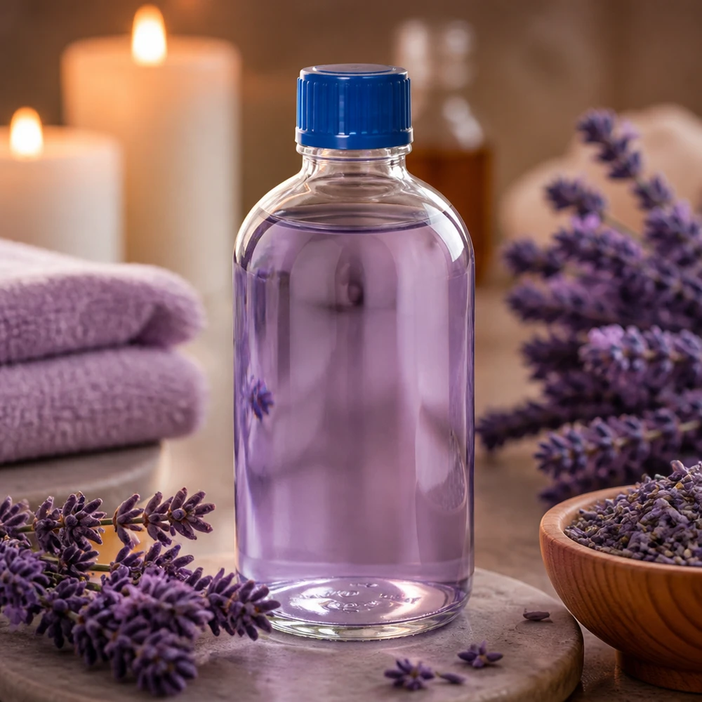 Bottiglia da 100ml 11mm SV blu STD ClearLine UT18/100 Flacone per la conservazione dell'olio di lavanda da 100 ml, vetro trasparente, tappo blu, ClearLine UT18, aromaterapia