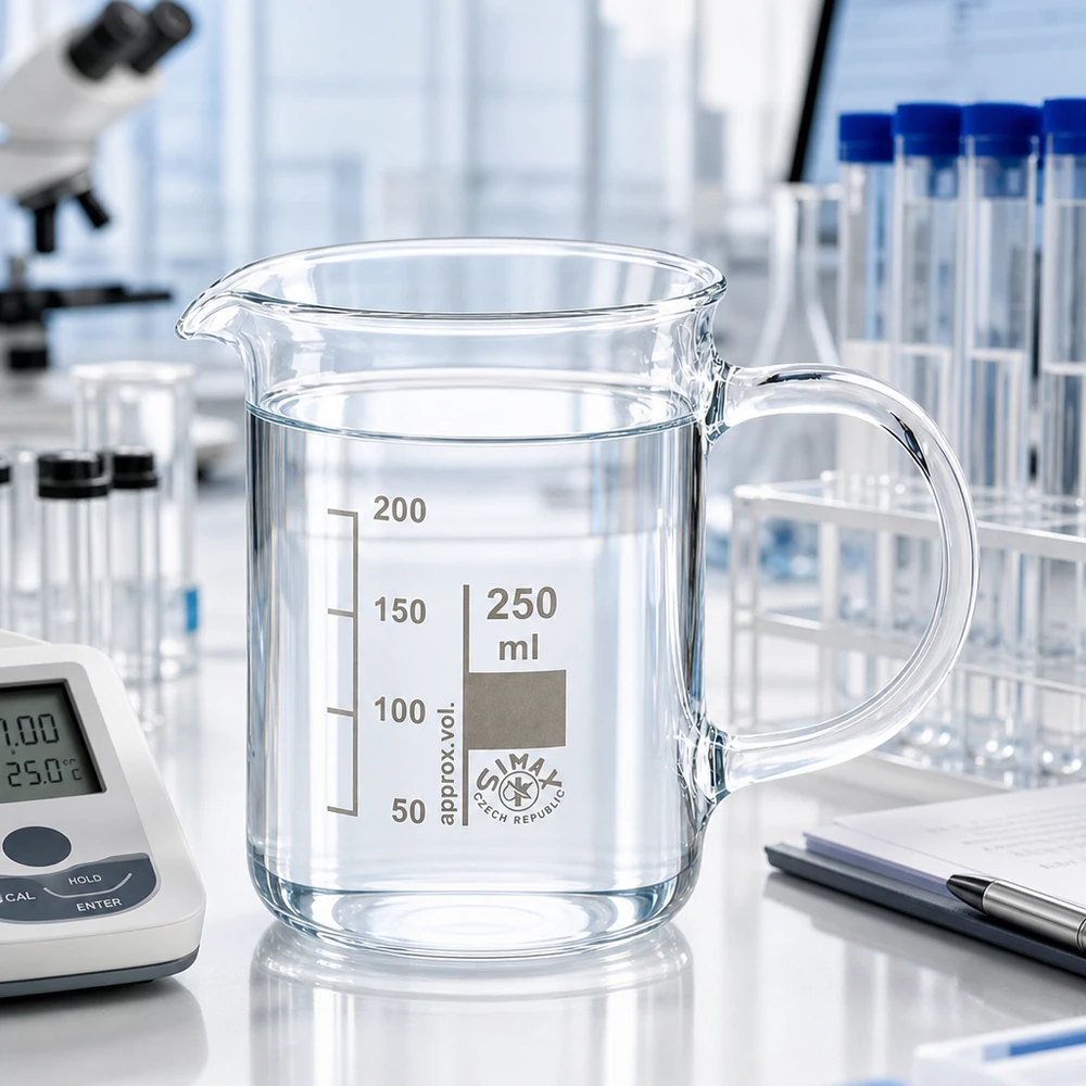Bicchiere da 250 ml in vetro borosilicato con manico e acqua limpida su un tavolo da laboratorio bianco con microscopio