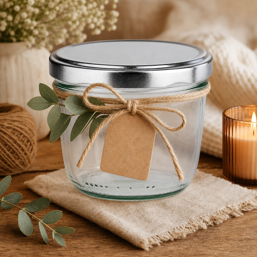 Bicchieri da 230 ml argento BasicSeal coperchio decorativo con fiocco di iuta etichetta in carta kraft idea regalo rustica