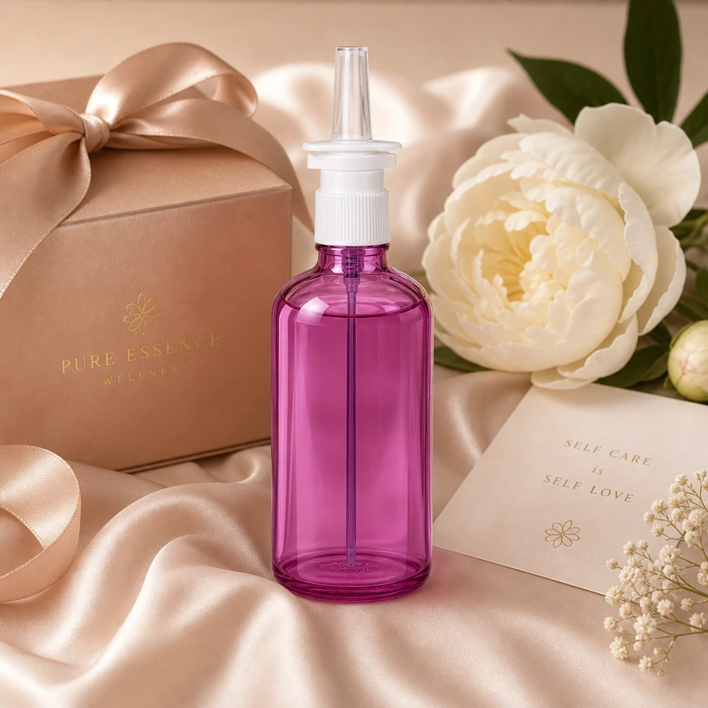 Flacone spray nasale da 100 ml bianco/trasparente standard PurpleLine UT18/100 Flacone viola trasparente da 100 ml con spruzzatore a pompa bianco ideale per gli spray nasali automiscelati