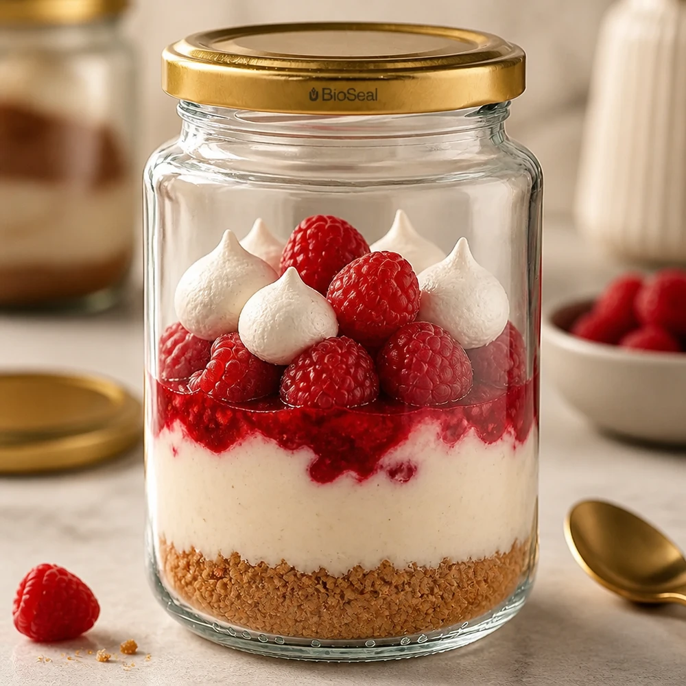 UNiTWIST Runda382 come vasetto da dessert con lamponi e meringa, coperchio dorato TO66 BioSeal, dessert a strati in vasetto