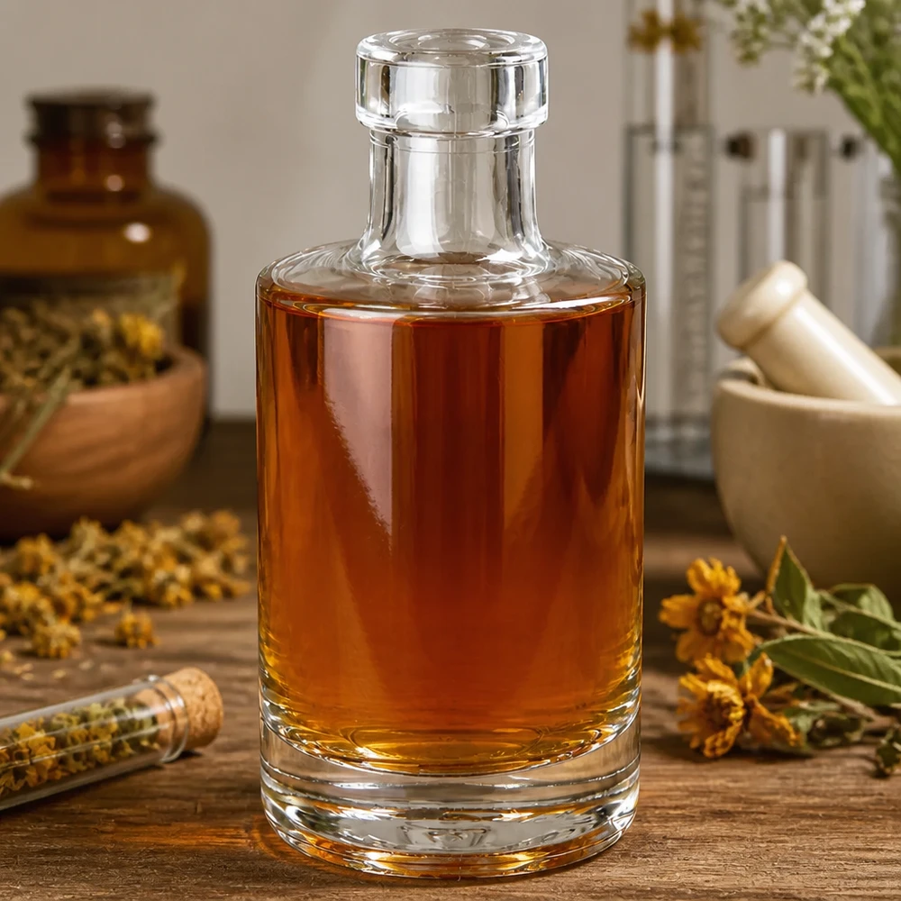 Bottiglia di vetro da 200 ml Marie riempita di olio ambrato in stile speziale con erbe medicinali essiccate aromi naturali