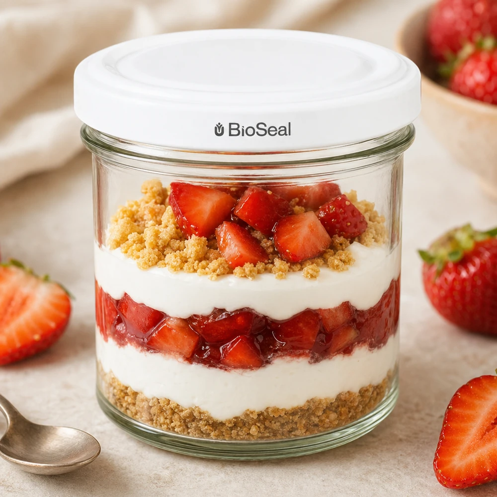 UNiTWIST 125ml vaso da dessert a strati fragole base biscotto yogurt TO66 BioSeal coperchio vaso da dessert parfait