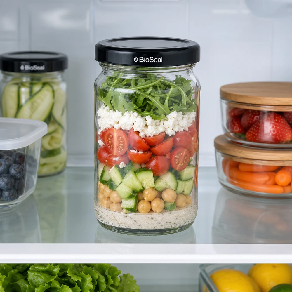 UNiTWIST Runda110 Schichtsalat im Kühlschrank mit schwarzem TO48 BioSeal Deckel - Meal Prep Glas für frische Zutaten