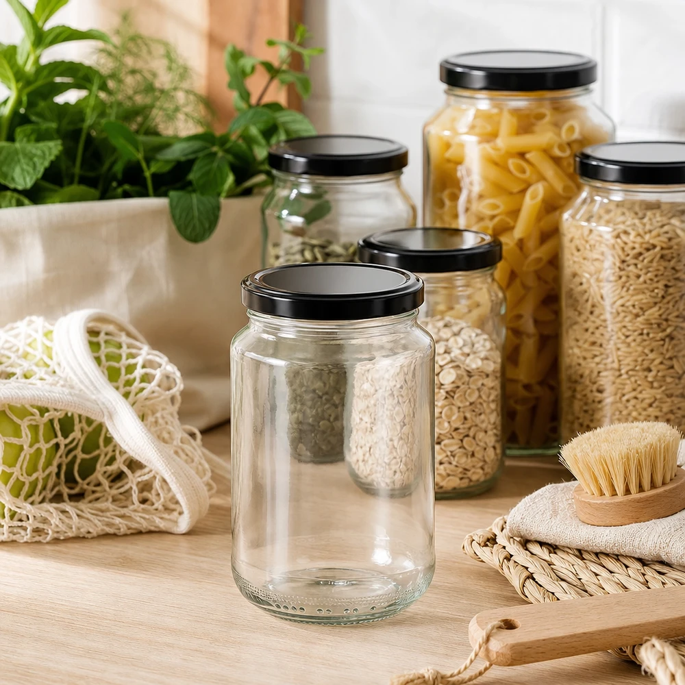 Vaso rotondo da 375 ml con coperchio nero in un ambiente di cucina sostenibile tra vasi di stoccaggio con pasta e cereali
