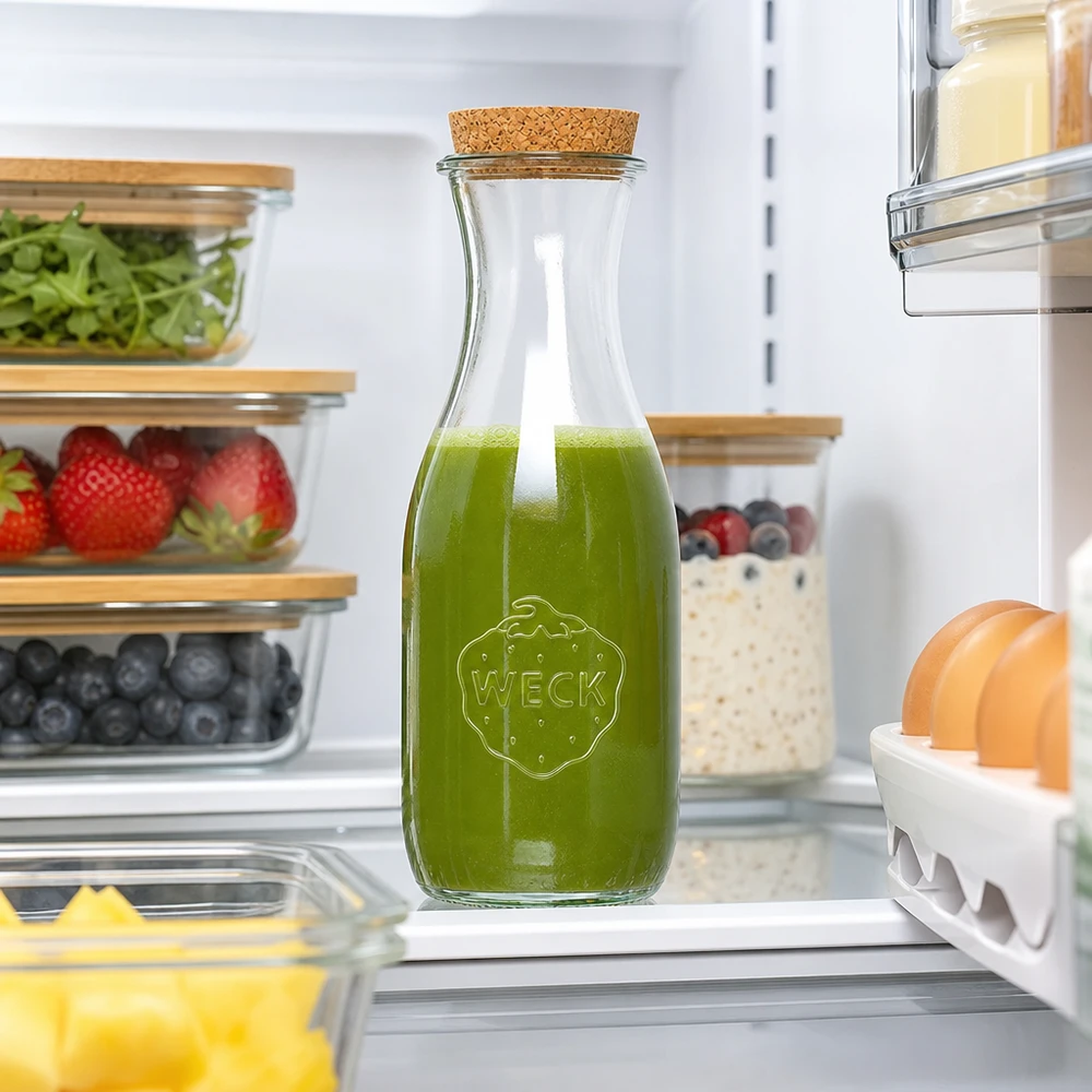 1062ml Saftflasche WECK RR60 mit Korken natur WECK Saftflasche 1062ml mit grünem Smoothie im Kühlschrank zwischen frischen Lebensmitteln und Vorratsbehältern