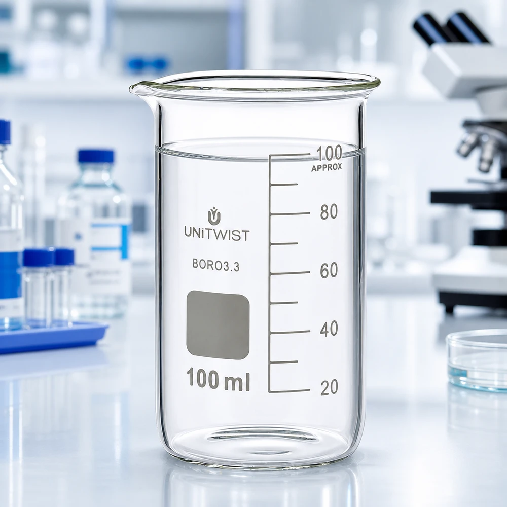 Bicchiere da 100 ml in borosilicato, forma alta UNITWIST Bicchiere da laboratorio UNITWIST da 100 ml, forma alta, in borosilicato 3.3, con acqua limpida su un tavolo da laboratorio bianco