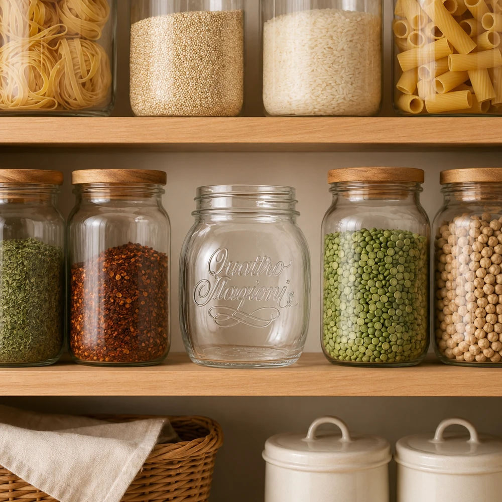 Bicchiere da 700 ml per uso domestico "Quattro Stagioni Barattolo domestico Quattro Stagioni da 700 ml con coperchio in legno per conservare legumi e spezie in cucina