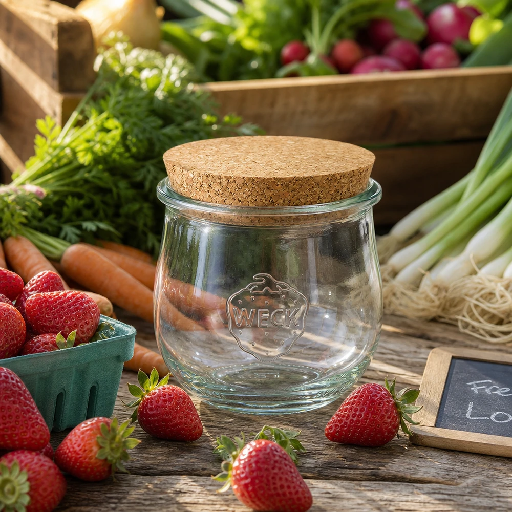 370ml Tulpenglas WECK RR80 mit Korken natur WECK Vorratsglas 370ml RR80 mit Korkverschluss zwischen frischen Erdbeeren und Gemüse auf Holztisch arrangiert